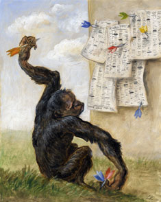 Monkey throwing darts at a copy of the Financial Times