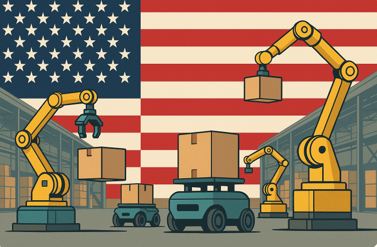 Factory robots marching into a warehouse with an American flag background