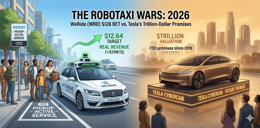 A split-screen comparison showing a WeRide Robotaxi actively picking up passengers at an Uber station versus a Tesla Cybercab displayed on a pedestal as a future promise.