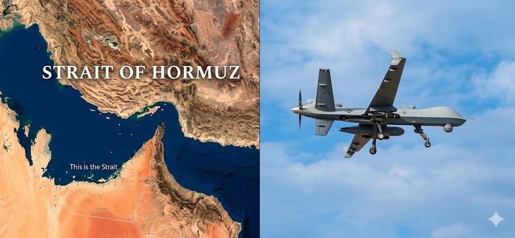 Mappa tattica Strait of Hormuz con droni e buffer zone 30km buysellkeep.com