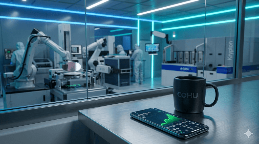 A cinematic, hyper-realistic macro photo. In the foreground, a dark ceramic coffee mug sits on a clean stainless steel lab bench next to a smartphone showing a stock trading app